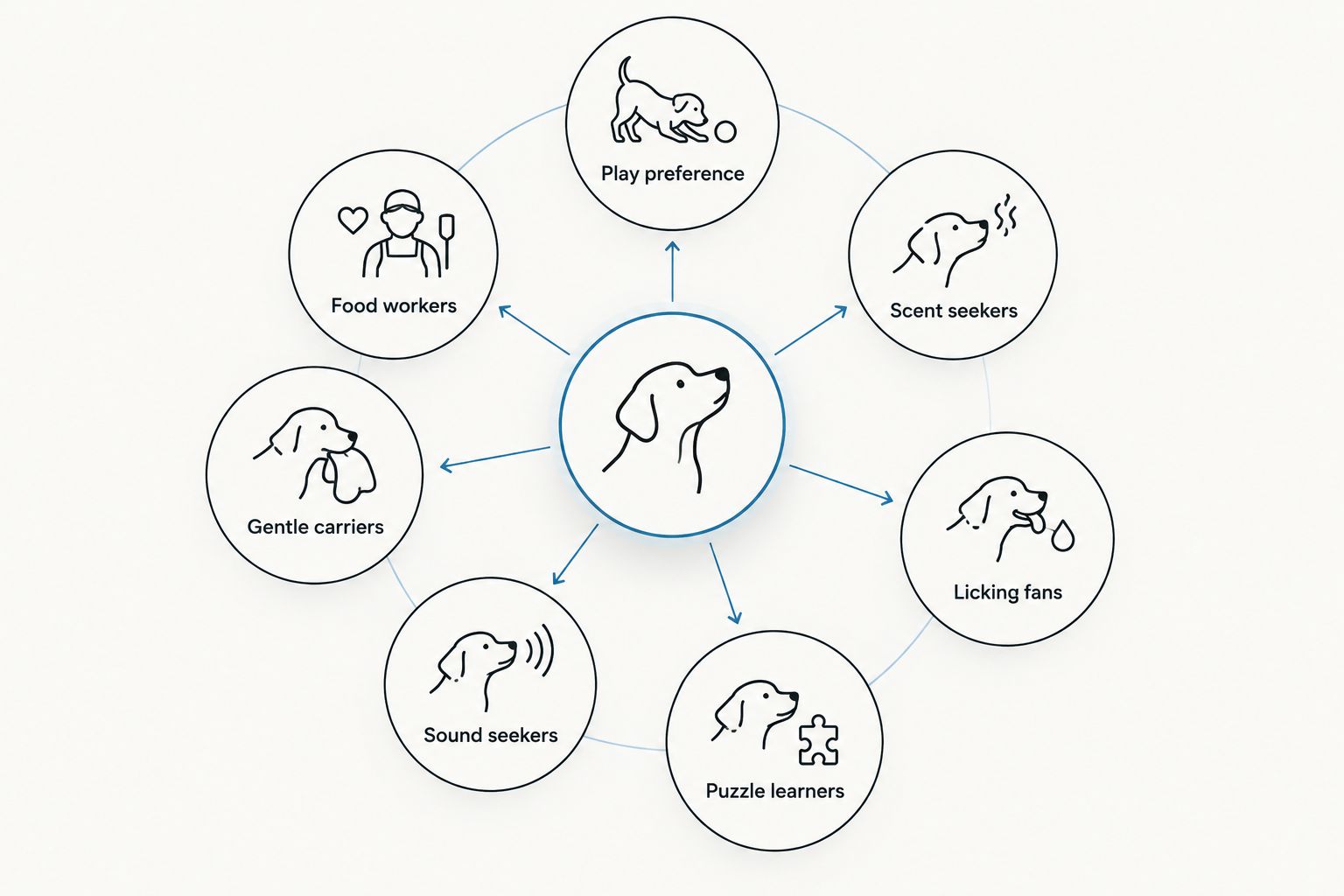 Activity-based selection diagram for food, sniffing, licking, puzzles, sound, and carrying.