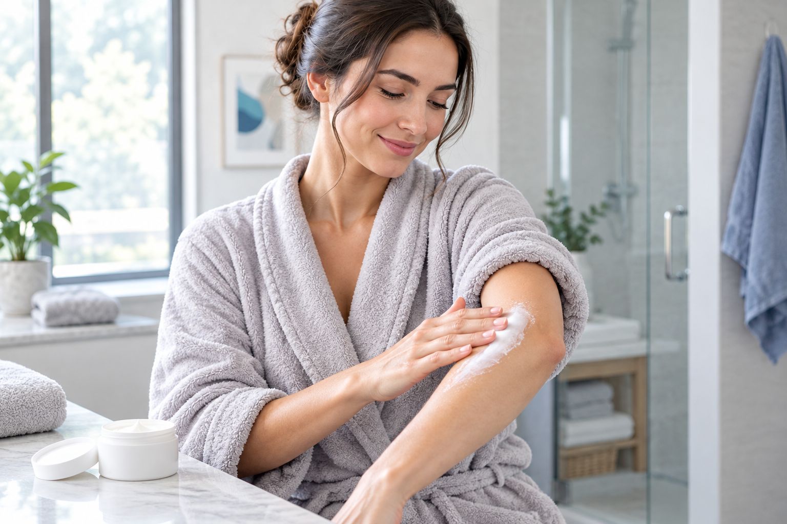 A woman gently applying body cream to her forearm after a shower