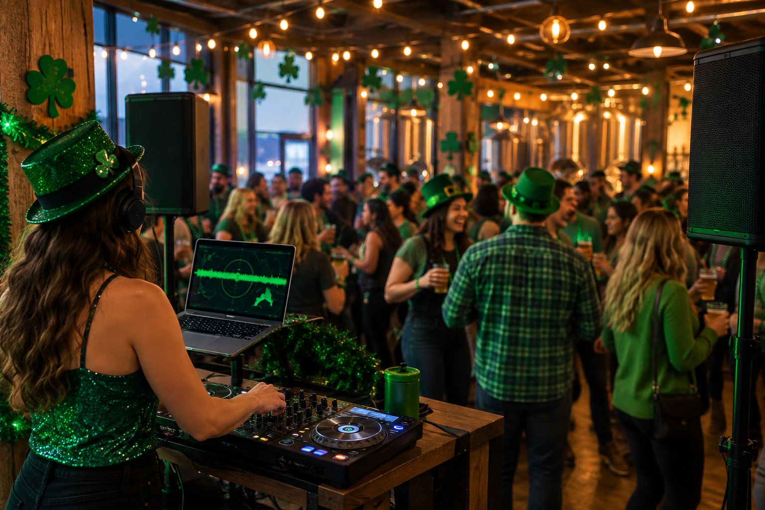 Compact DJ sound setup in a crowded brewery taproom decorated for St. Patrick's Day