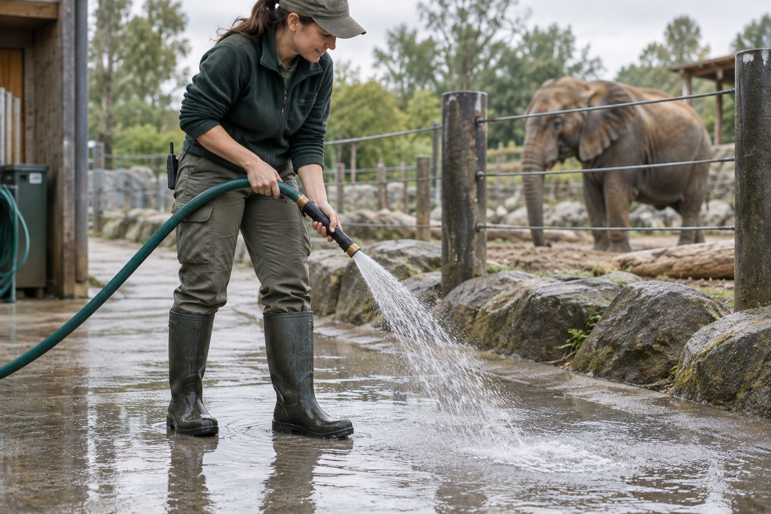 Waterproof rubber boots on wet concrete near an animal enclosure