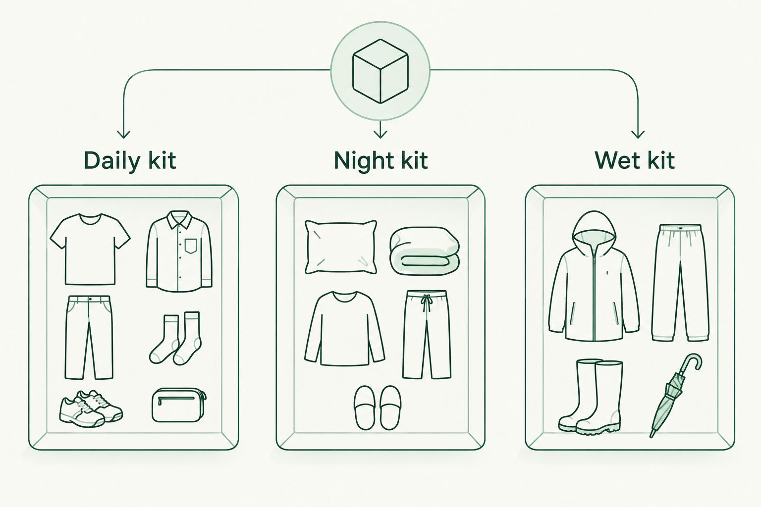 Three separate storage groups for everyday items, bedding and wet clothing