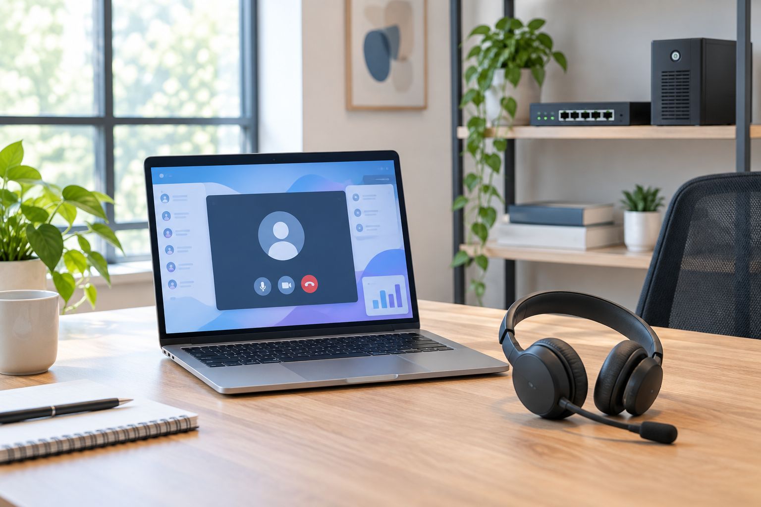 Office desk with a VoIP headset, laptop, network switch and battery backup unit