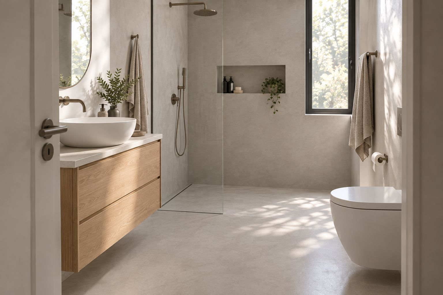 Compact bathroom with a pale matte floor, wood vanity, and white fixtures