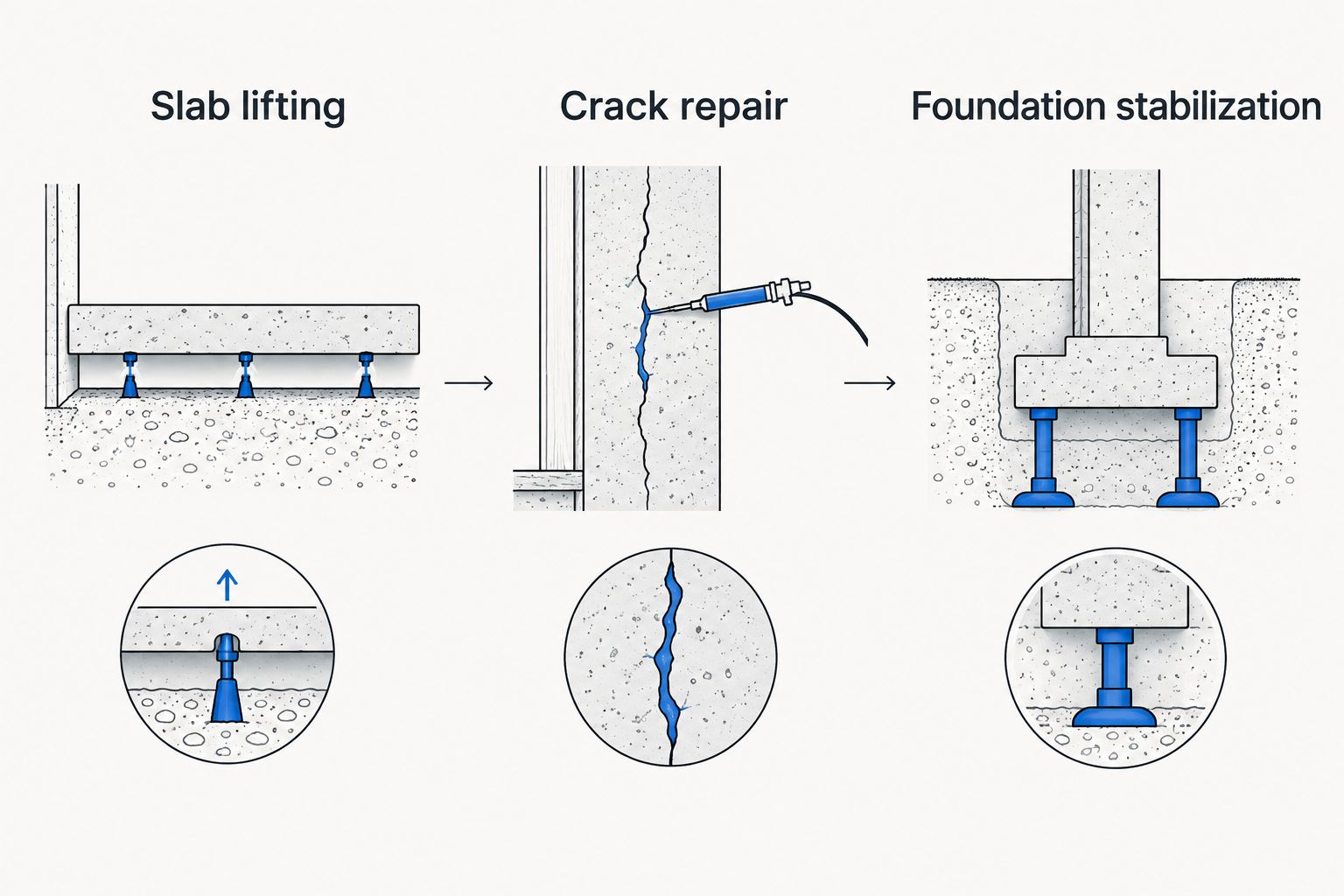 Comparison of slab lifting, wall crack repair, and foundation stabilization