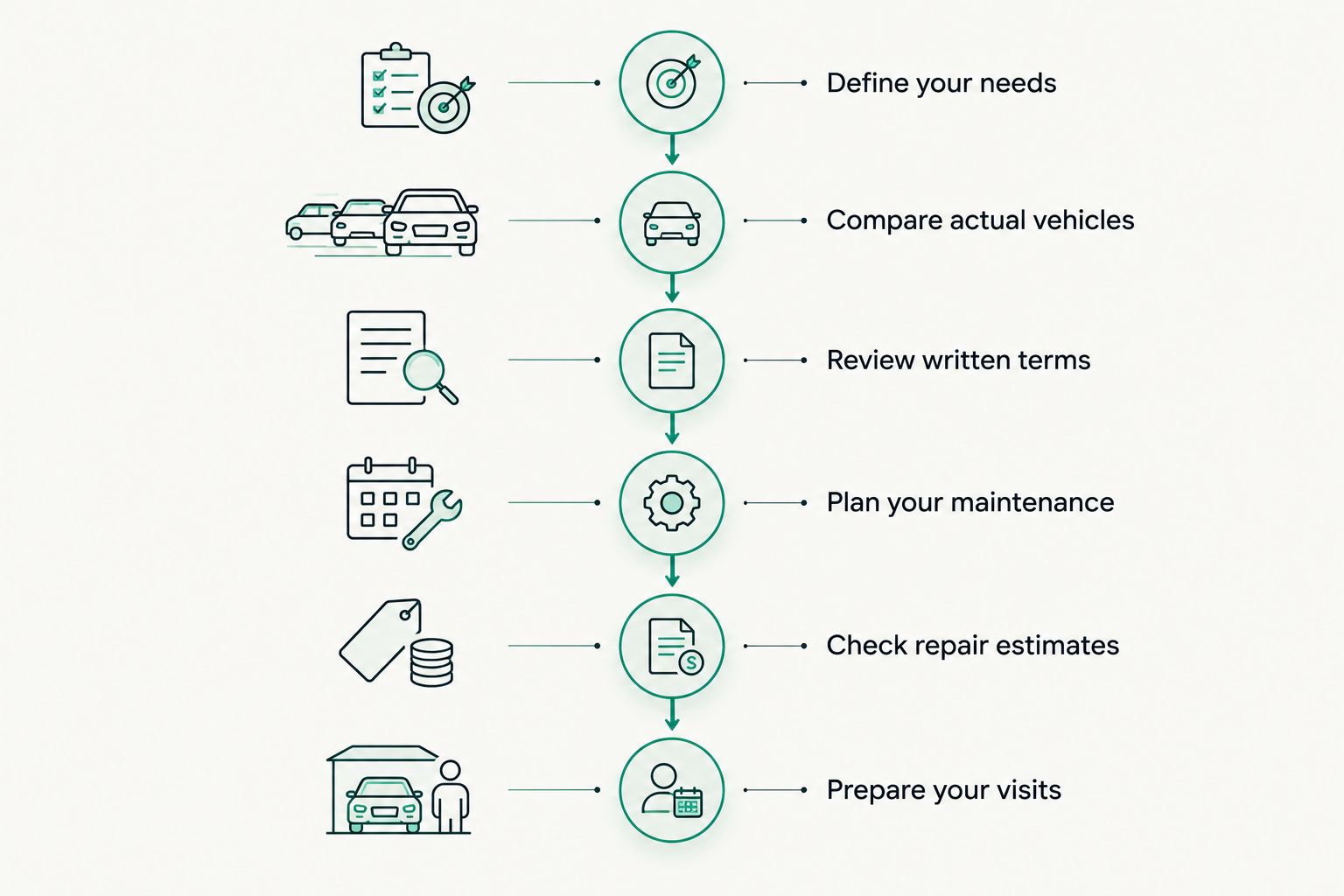 Six steps connecting Honda vehicle shopping with maintenance planning and service preparation.