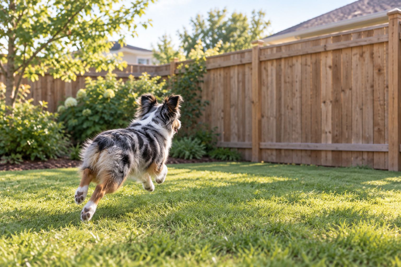 Small Australian Shepherd running in a fenced backyard