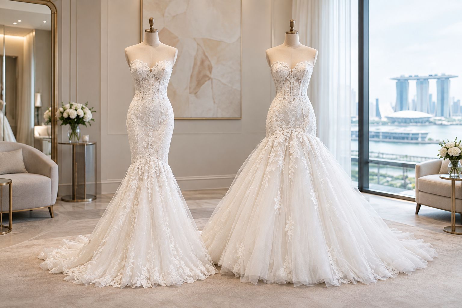 Two bridal gown silhouettes showing a knee-level flare beside a higher flare