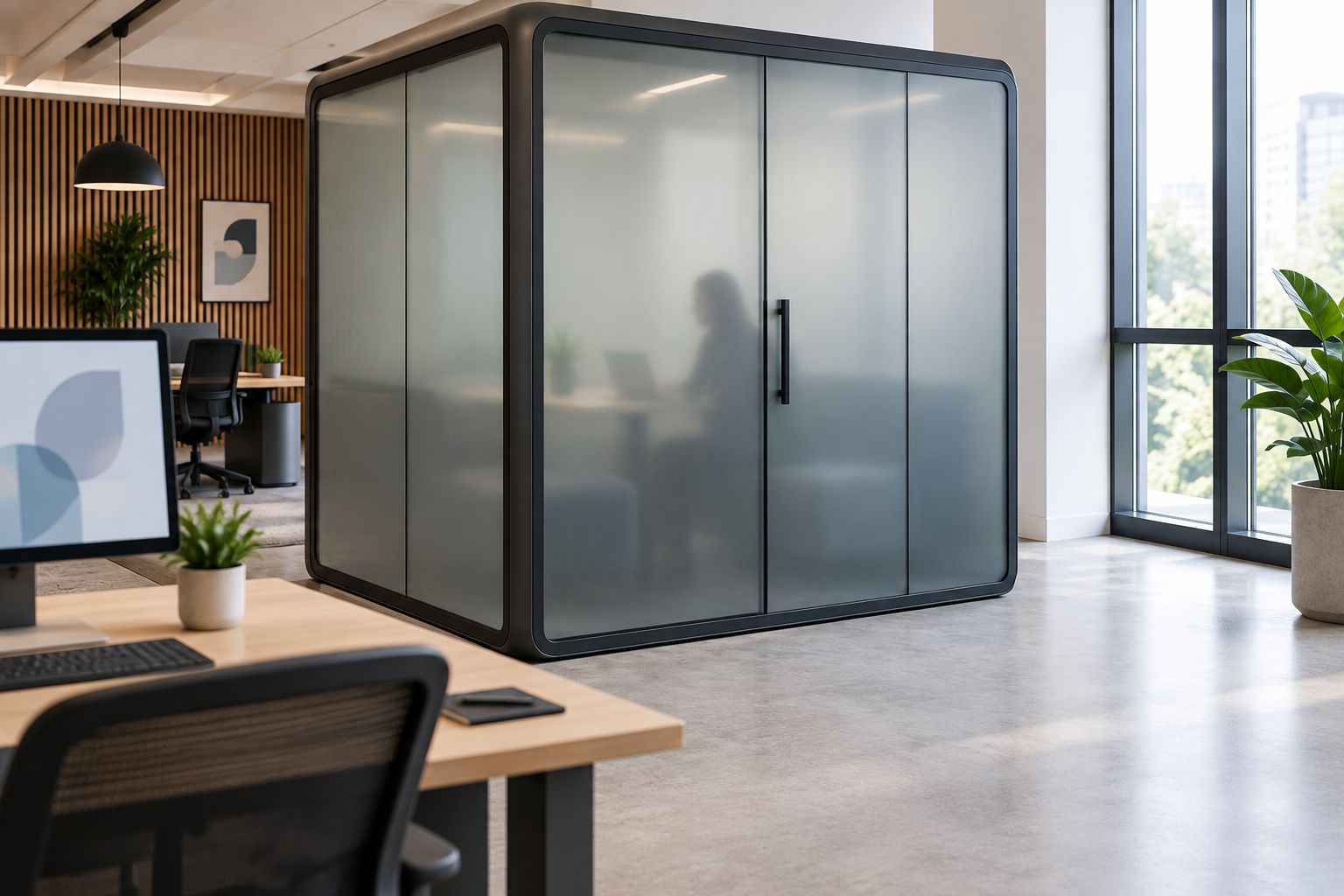 Illustration of a frosted booth panel obscuring detail while leaving an indistinct silhouette