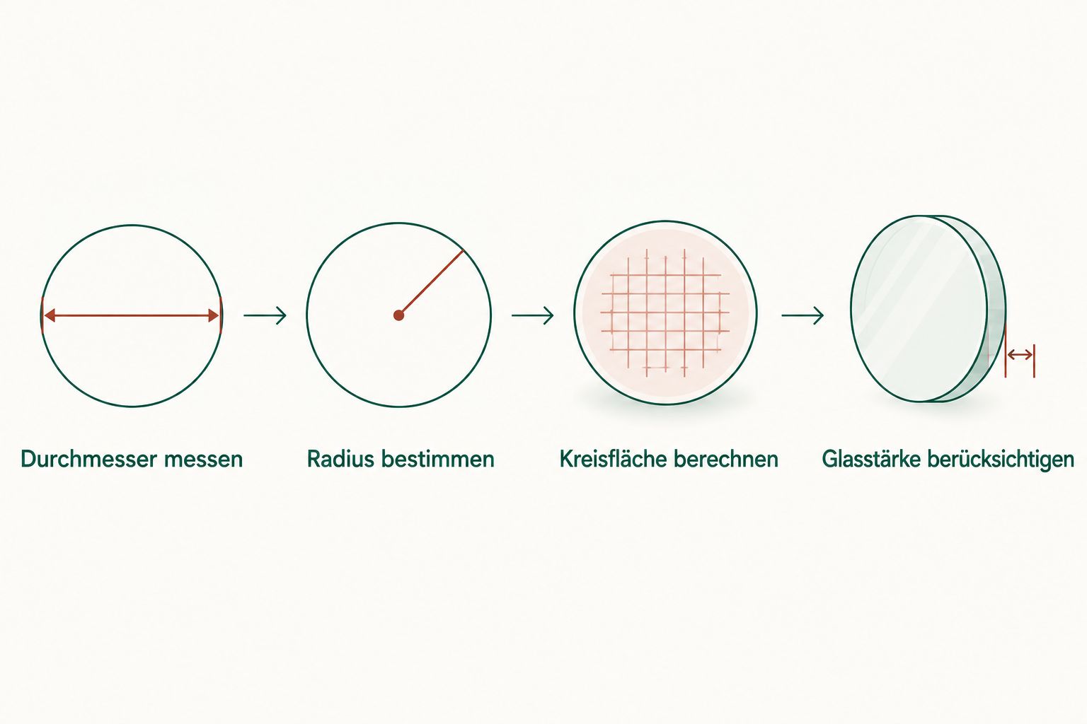 Vier Rechenschritte vom gemessenen Durchmesser bis zur Berücksichtigung der Glasstärke