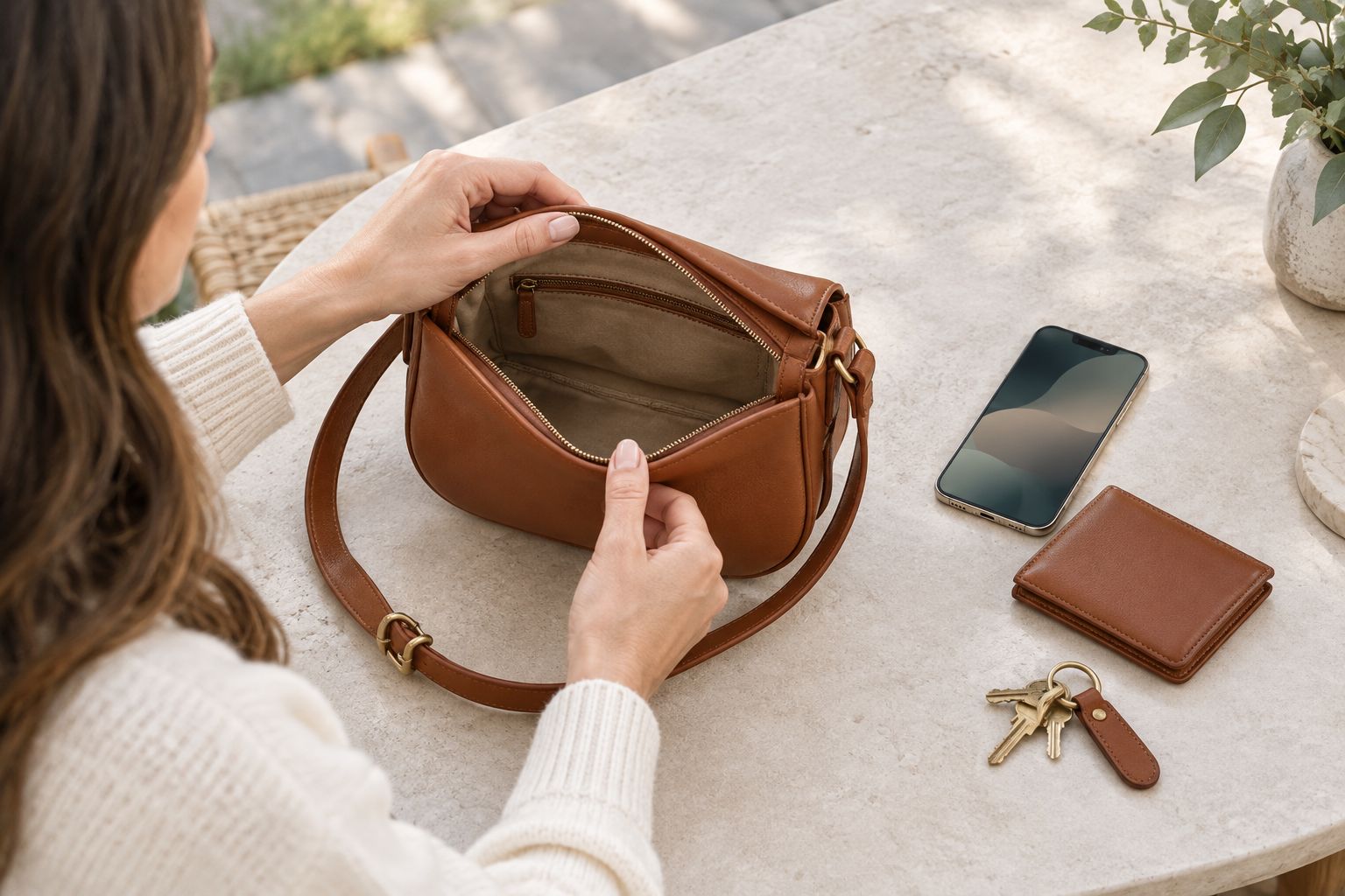 Everyday items beside an open, unbranded leather crossbody bag