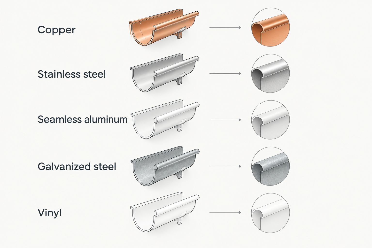 Five gutter materials ordered from copper to vinyl in the durability comparison