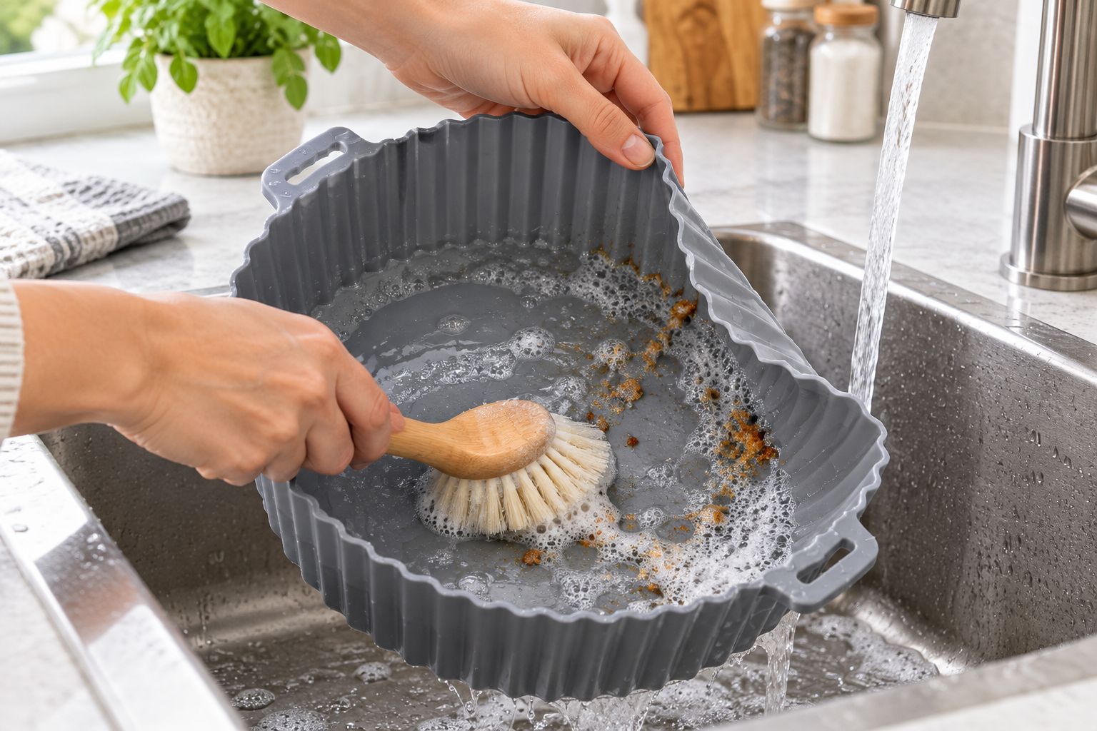 A silicone cooking basket being cleaned, with attention to an interior corner.