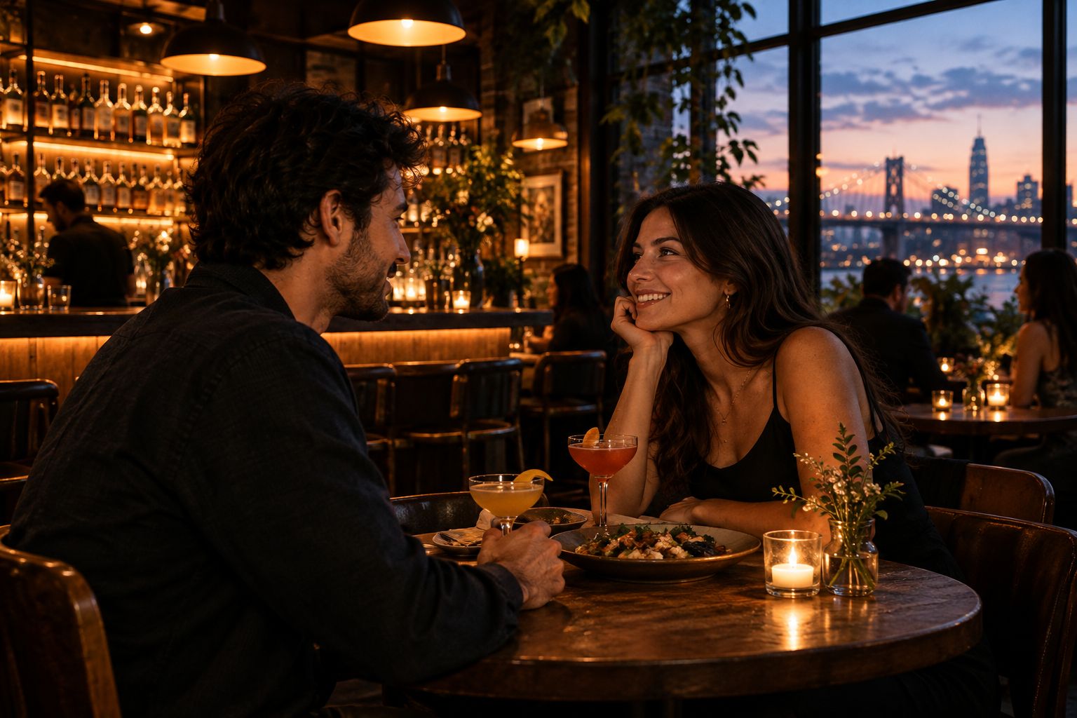 Cozy cocktail bar interior with warm lighting and a shared plate on the table