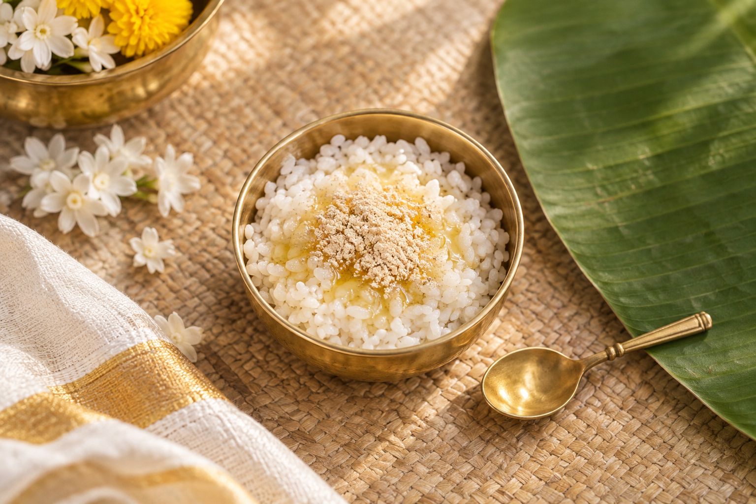 Bowl of rice mixed with ghee and mild spice powder on a banana leaf