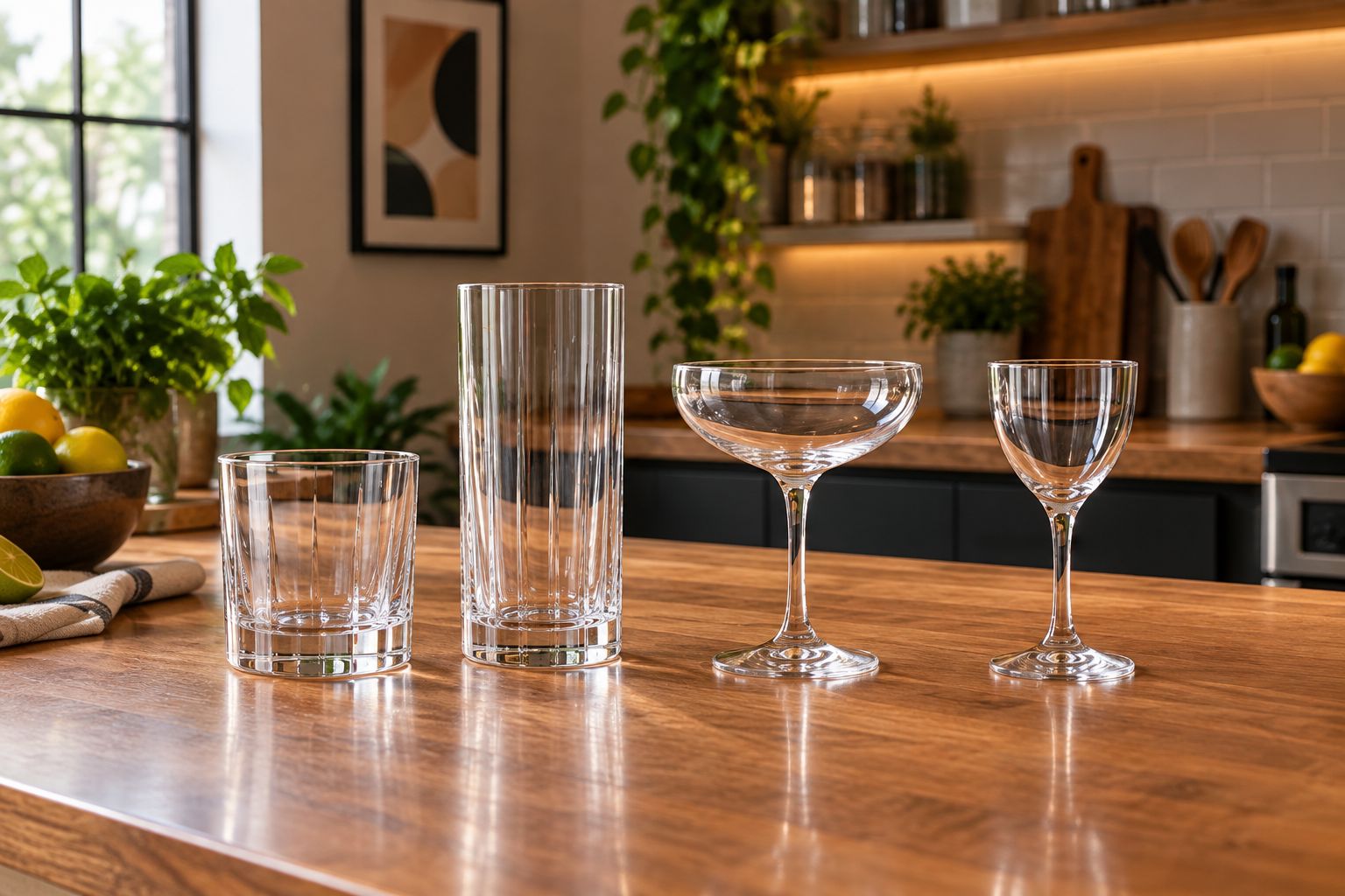 Rocks, highball, coupe, and Nick and Nora glasses showing their different shapes