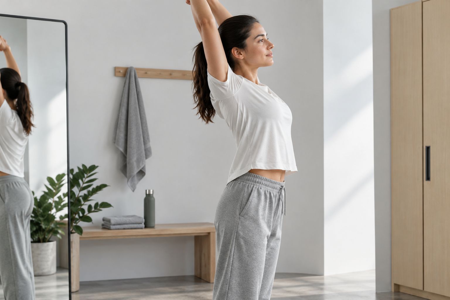 Athlete checking how a plain shirt and sweatpants fit during an overhead reach