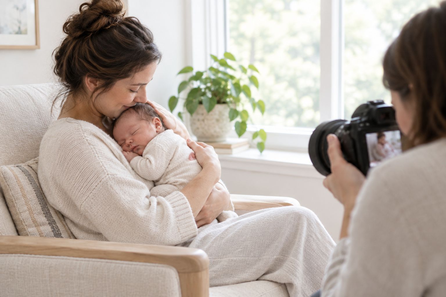 Parent holding a supported newborn beside a window for an at-home portrait