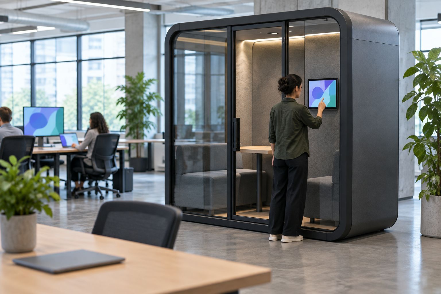 Person checking an availability display outside an office meeting pod