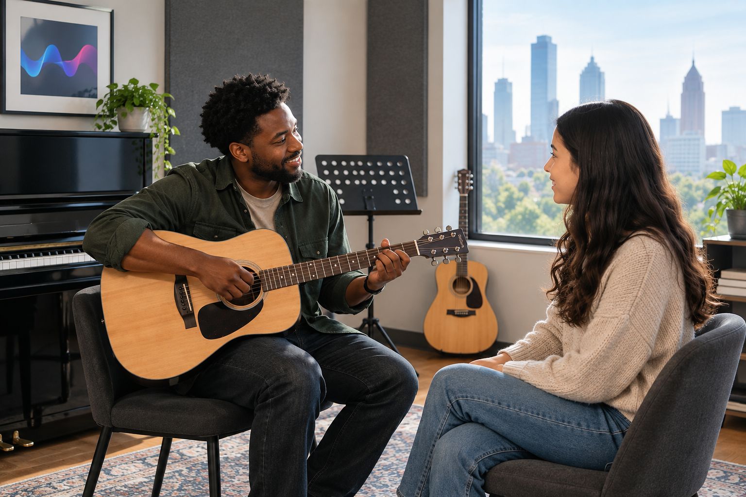A private music lesson room with piano, guitar, and two chairs