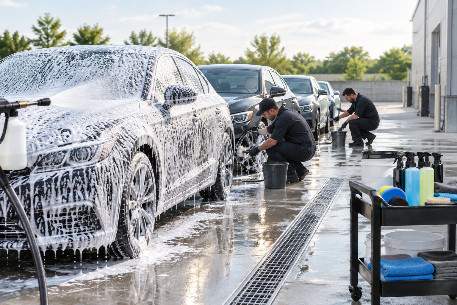 Several vehicles lined up in an outdoor auction prep bay during foam wash