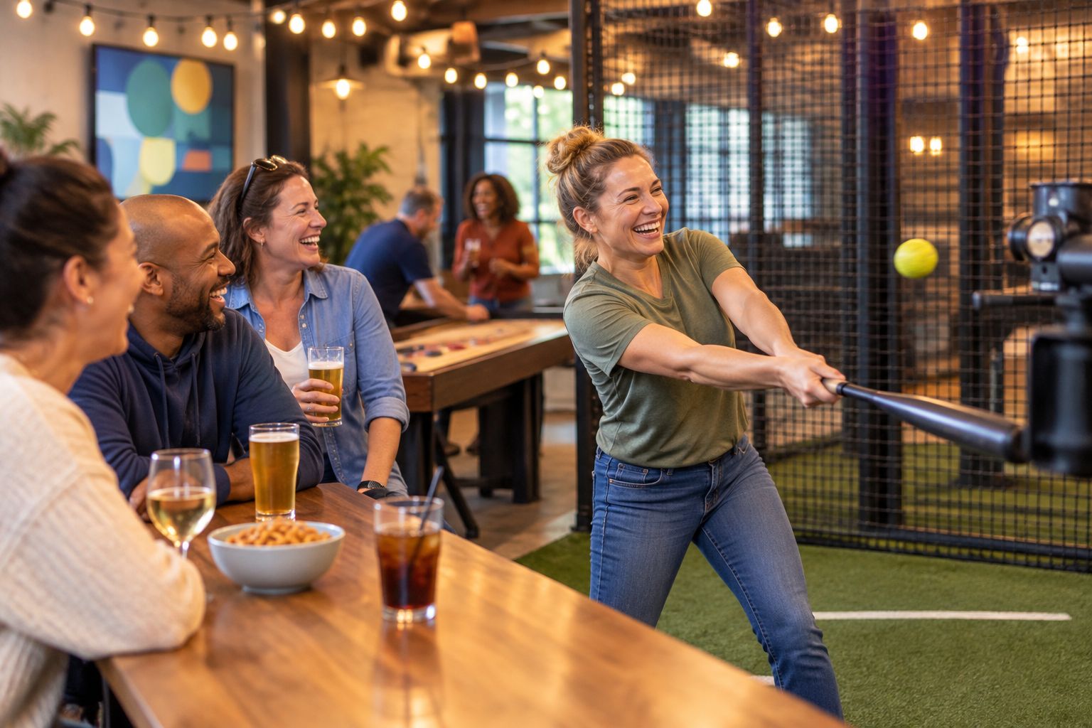 Group of colleagues playing at an indoor batting cage and games bar in the evening