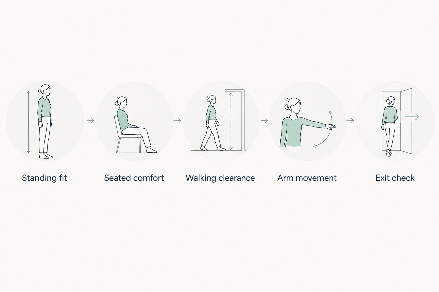 Five fitting checks covering standing, sitting, walking, arm movement, and handover