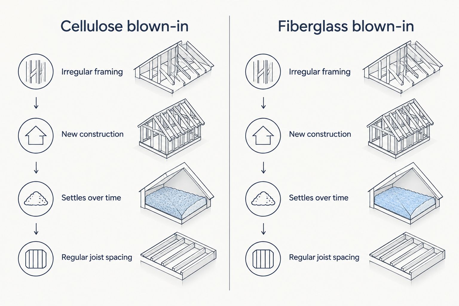 Two-column comparison of cellulose and fiberglass blown-in insulation traits