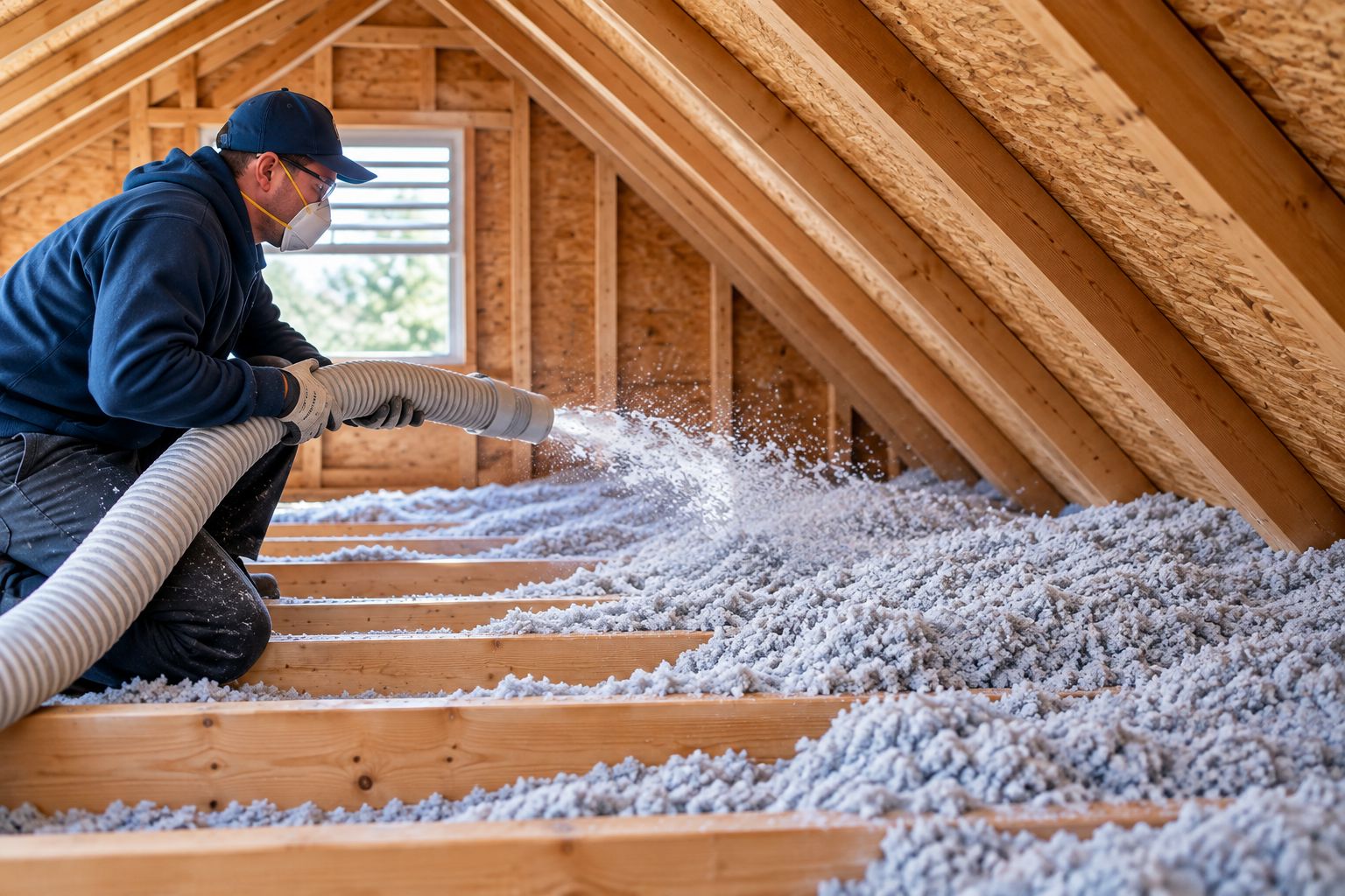 Cellulose blown-in insulation being installed across an attic floor between trusses