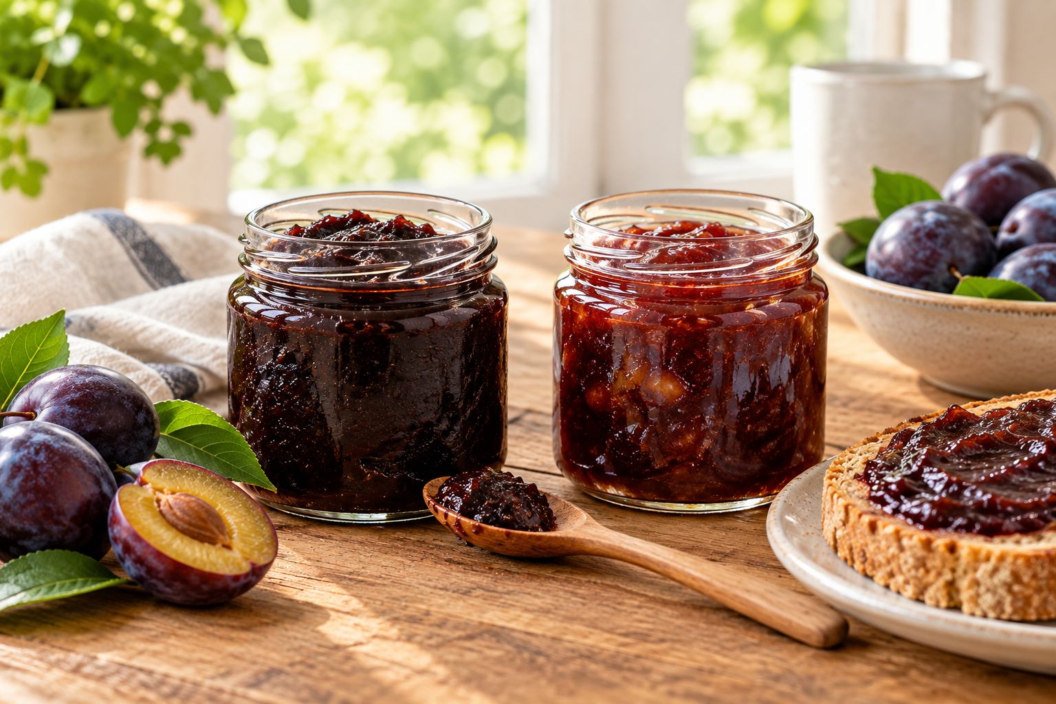 Borcane deschise cu magiun de prune și dulceață clasică, alăturate pe o masă de lemn