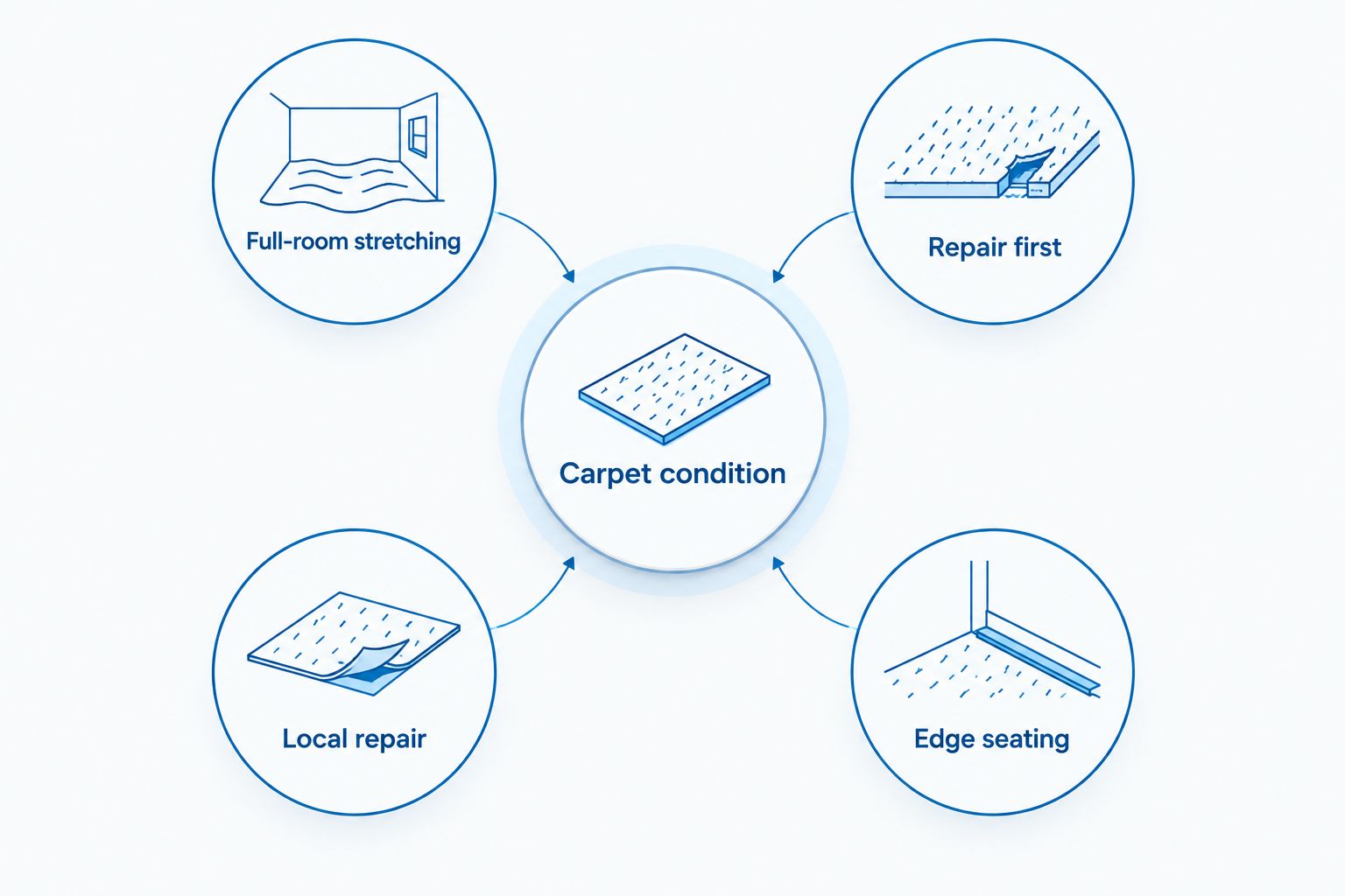 Diagram matching carpet condition to full-room stretching, repair first, local repair, or edge seating.