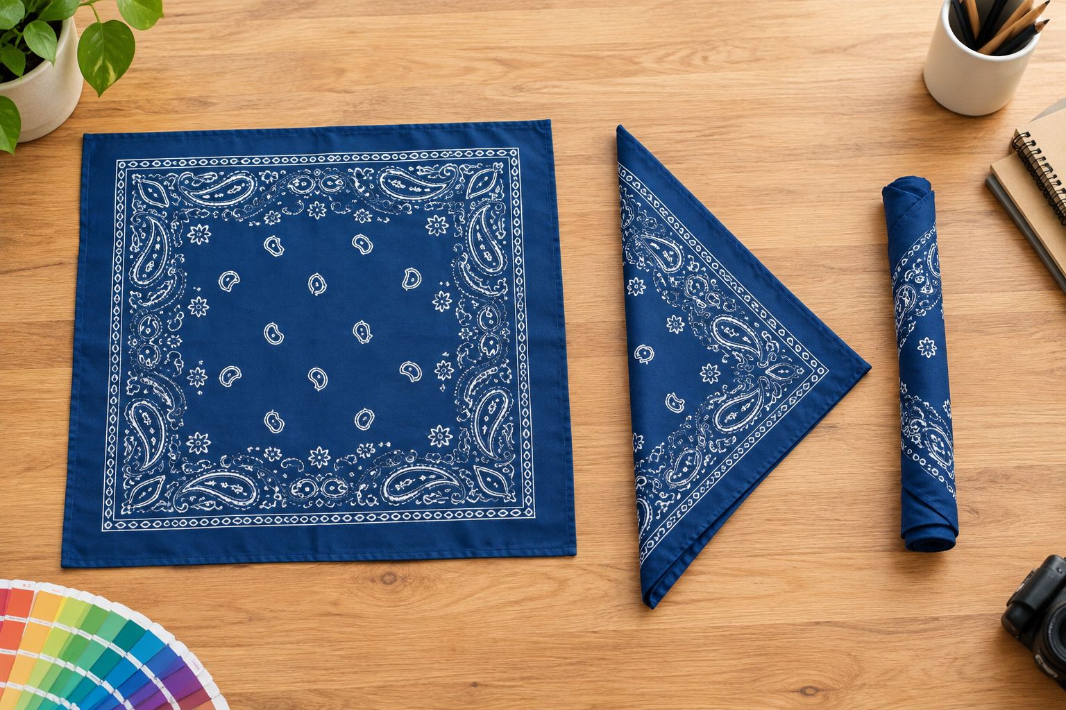 Paisley bandanas laid flat, folded into a triangle, and rolled to show which fabric areas remain visible