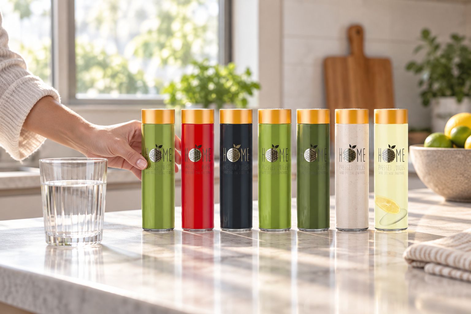 Row of cold-pressed cleanse juices lined up on a kitchen bench in the morning
