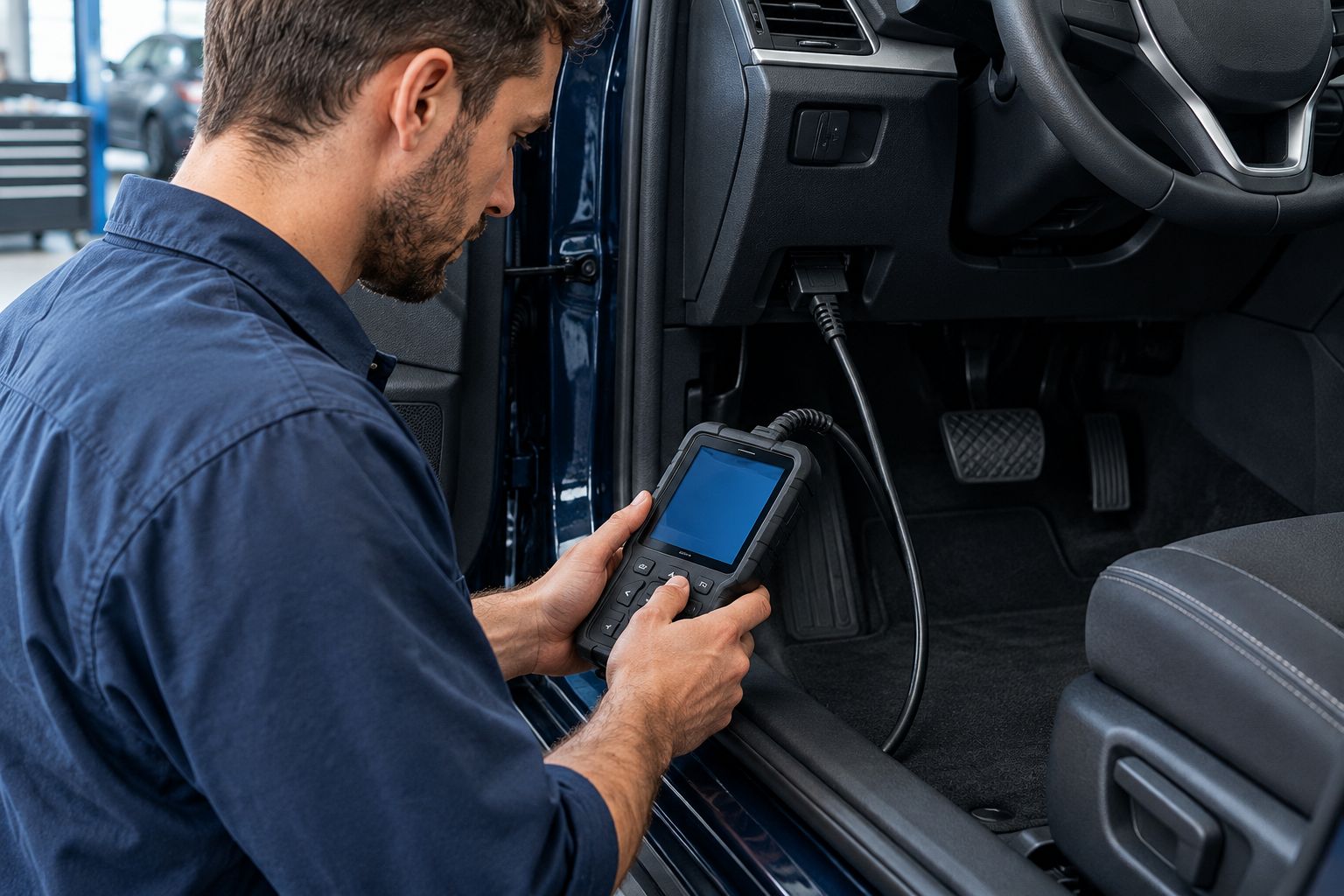 A handheld diagnostic scanner connected beneath a parked vehicle's dashboard