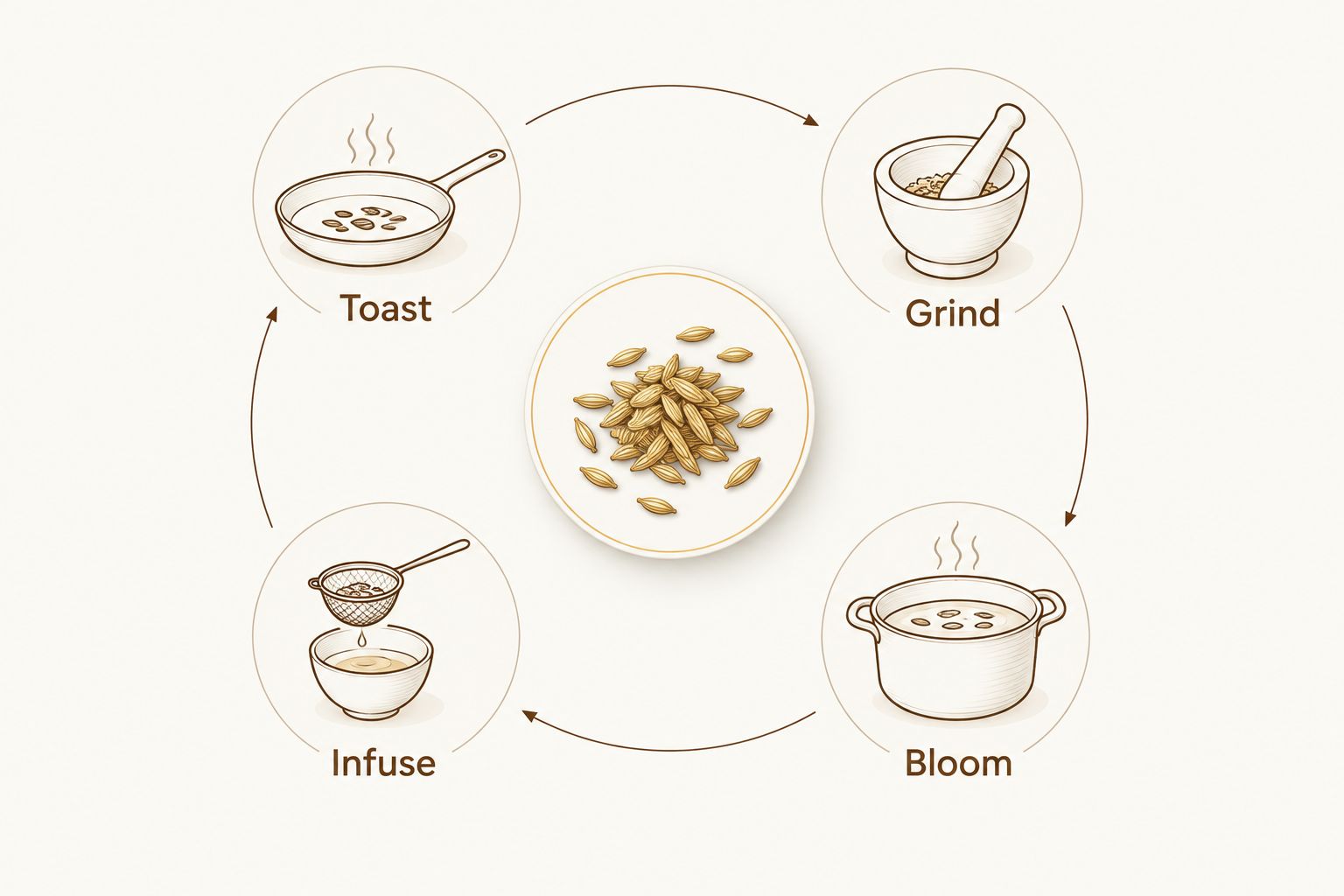 Four ways to prepare fennel seeds: toast, grind, bloom, and infuse.
