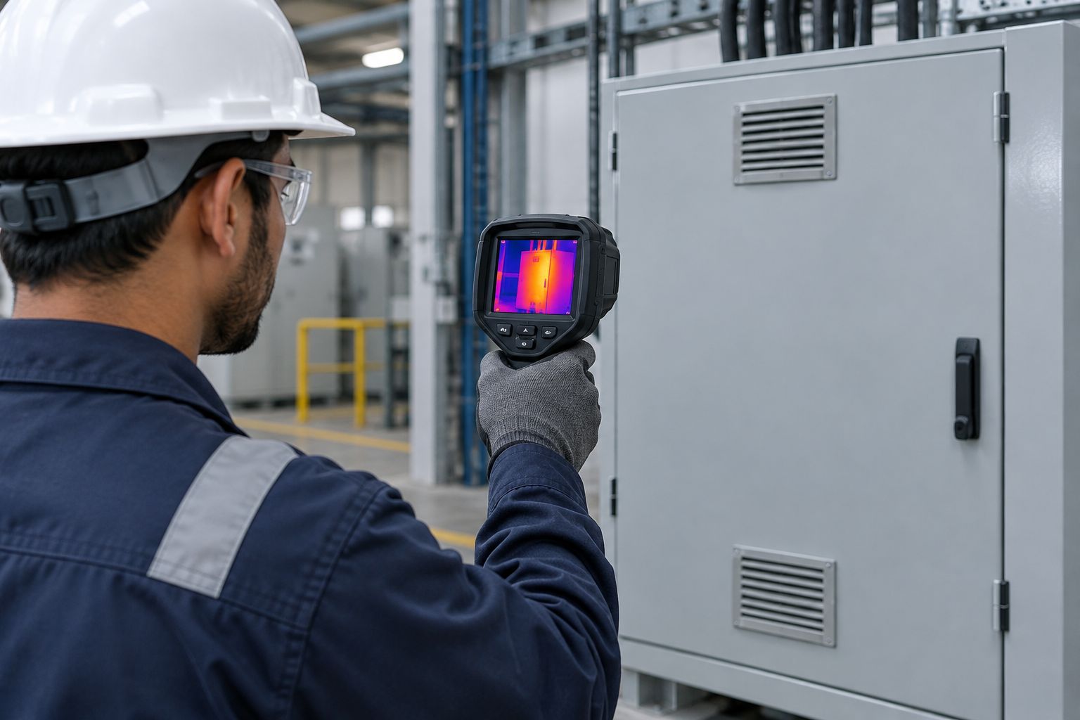 Technician viewing a closed industrial electrical cabinet with a handheld thermal camera