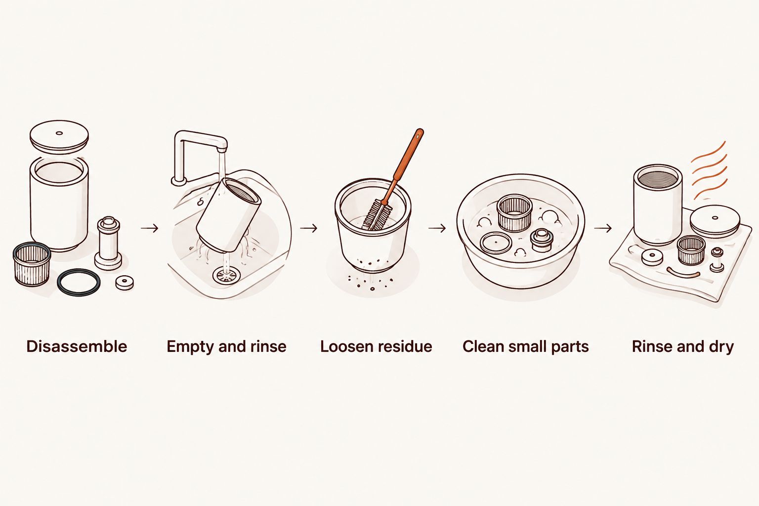 Bong cleaning sequence from disassembly through rinsing and drying