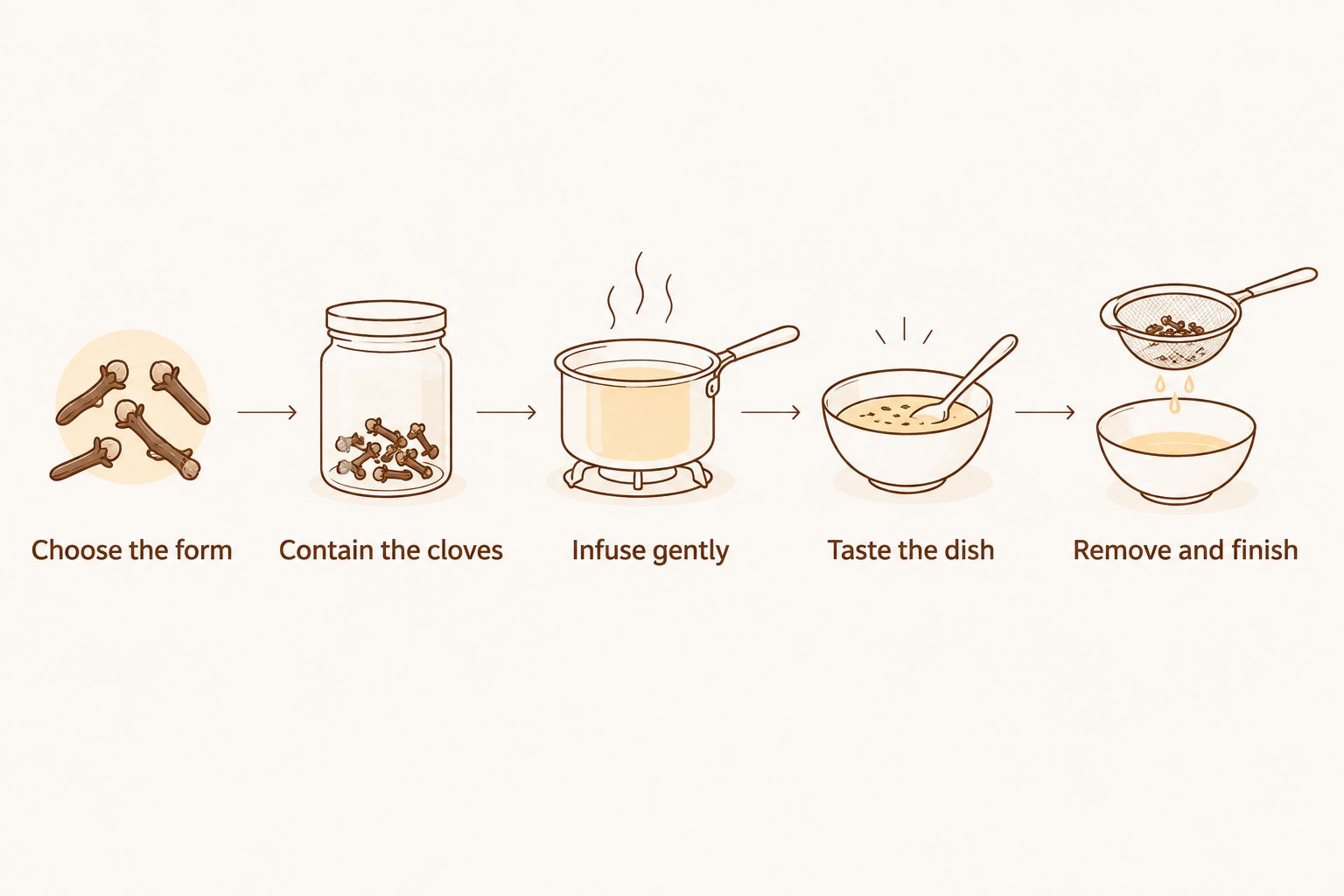 Cooking sequence from choosing whole or ground cloves to tasting and removing whole cloves