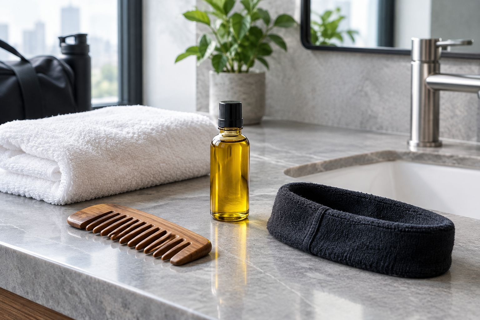 Plain hair-care items and a training headband arranged beside a bathroom sink