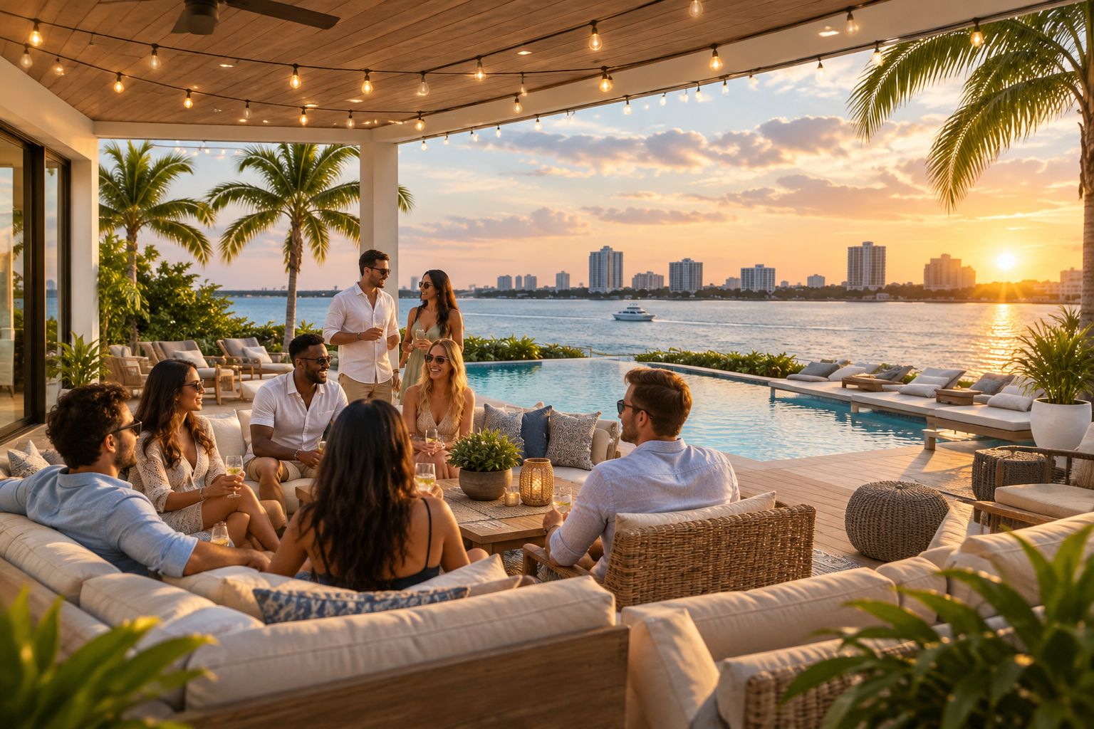 Poolside deck at a private vacation home set up for a large group