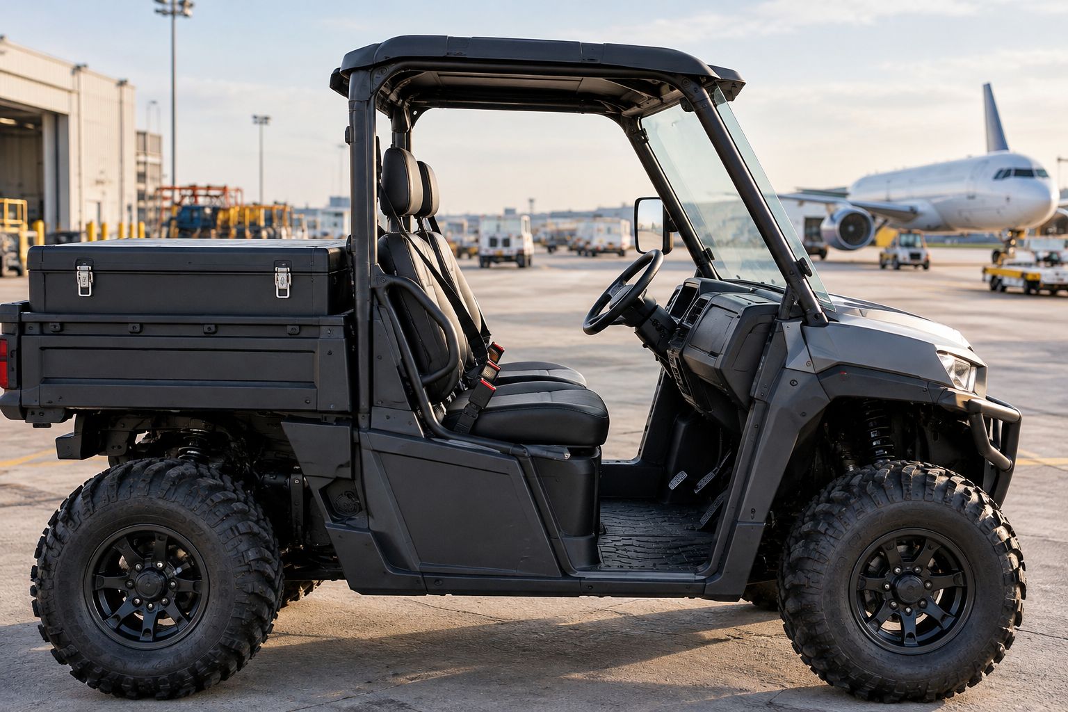 Utility side-by-side with clear driver space, a clean windshield, and secured rear cargo