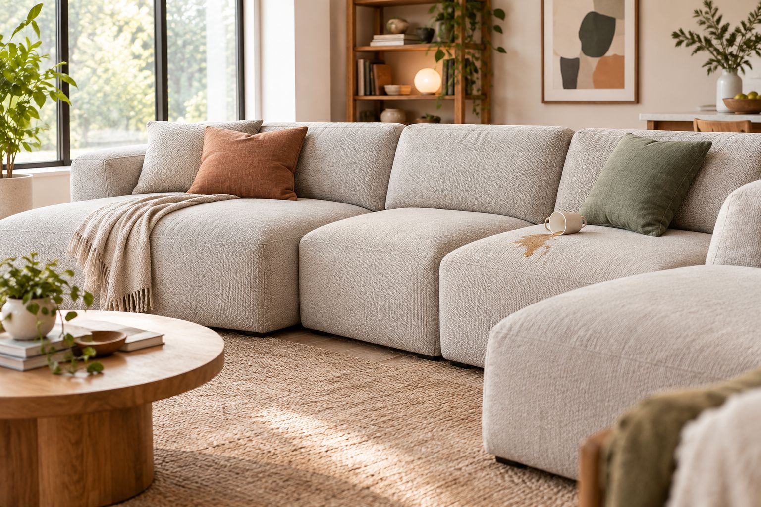 Modular sofa in a family room with a small spill on a cushion
