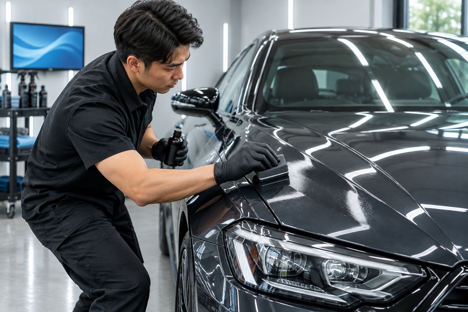 Next powered by EA Detailer Detailer applying ceramic coating to a car bonnet inside a controlled bay