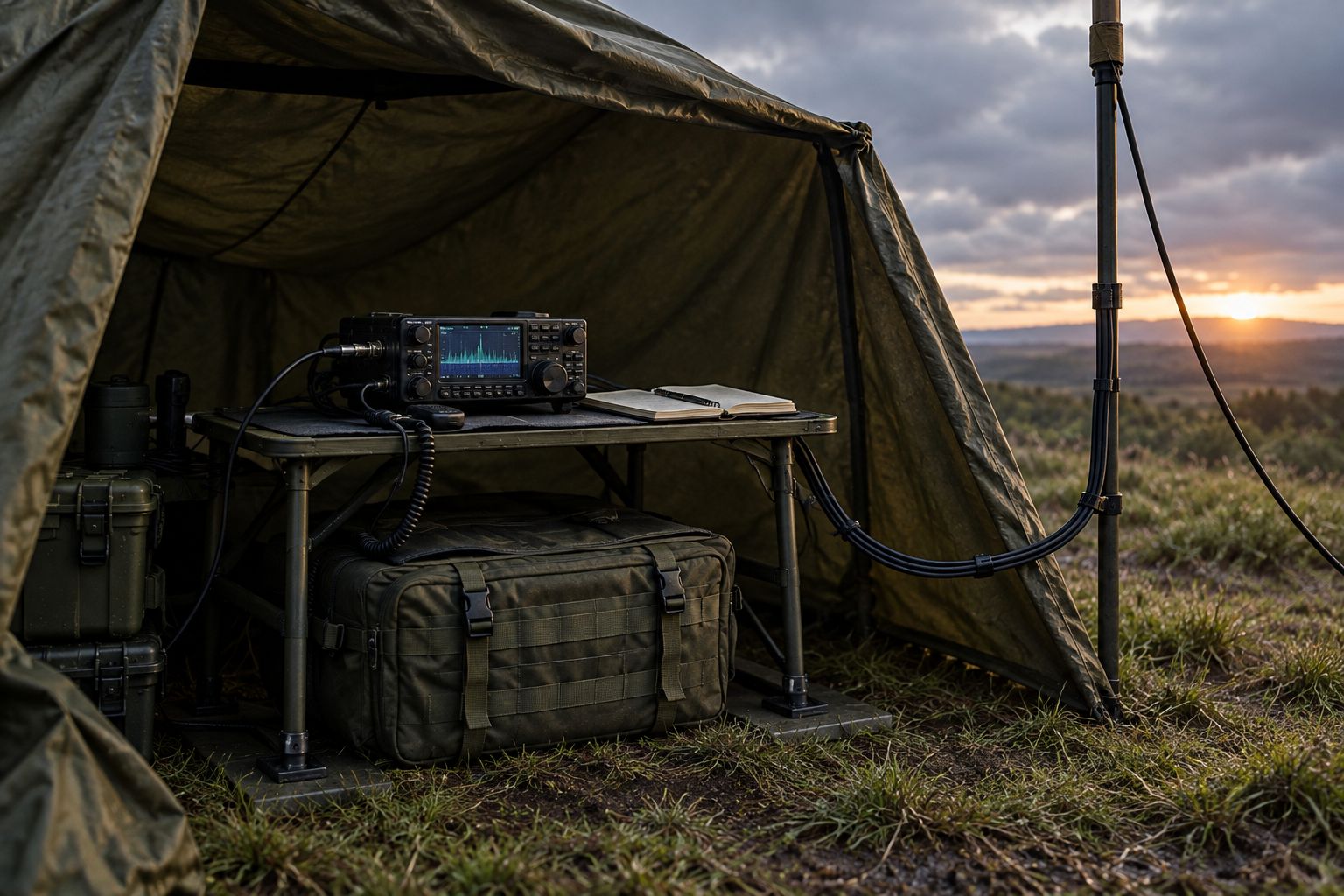 Portable radio station under a tarp with equipment raised off damp ground and cables clear of the entrance