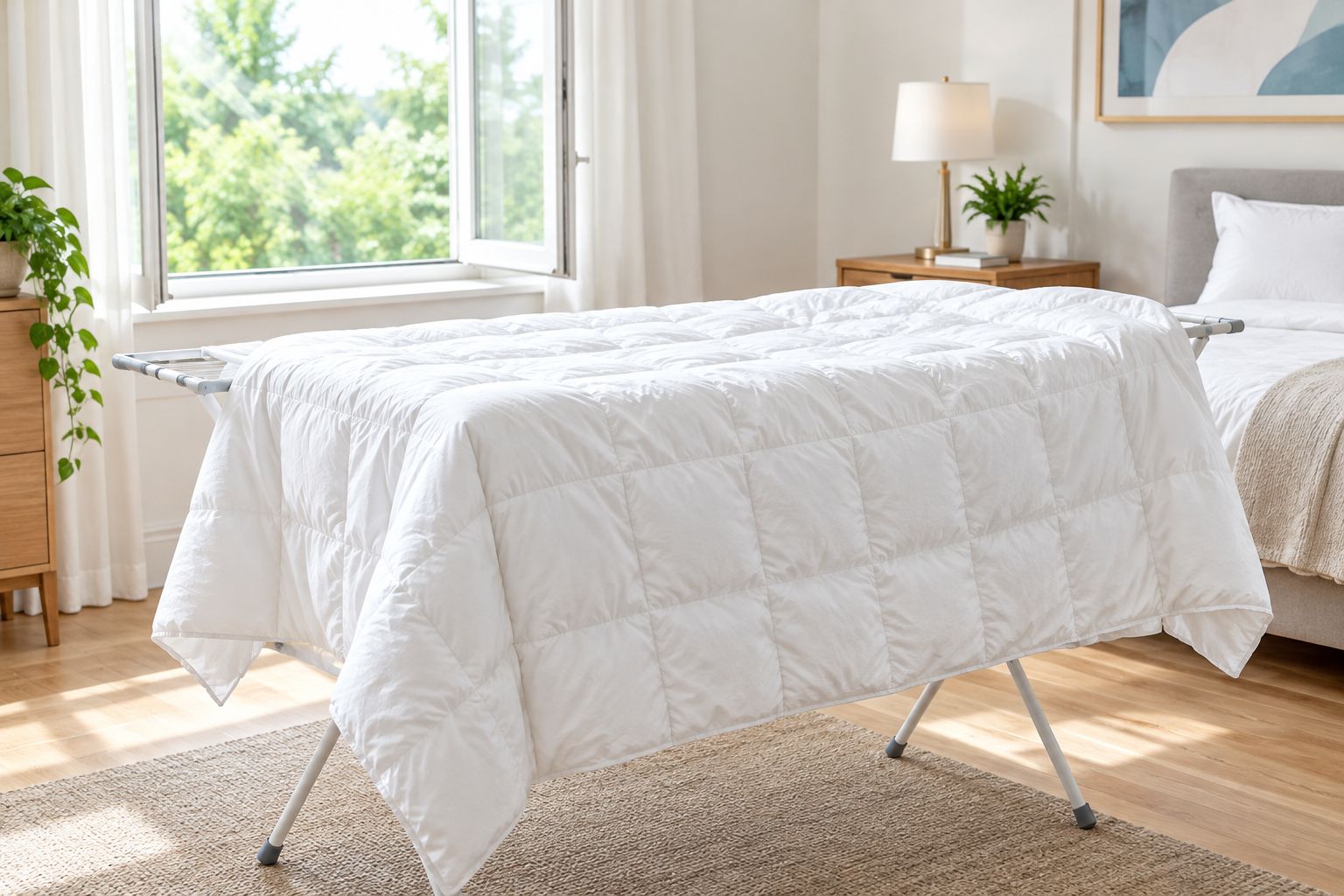 An uncovered white quilt spread over an indoor rack in a clean, ventilated bedroom