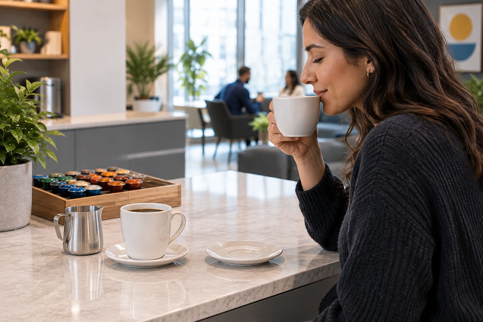 Employee comparing coffee in plain mugs at an office kitchenette counter