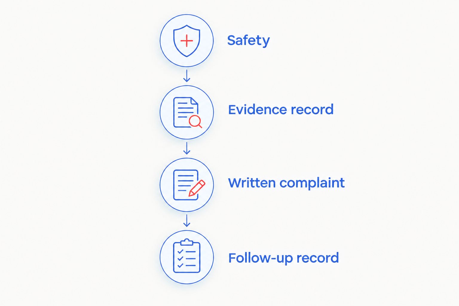 Reporting sequence from safety and evidence preservation to written complaint and follow-up