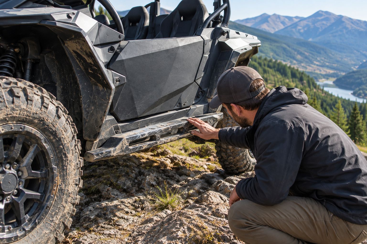 Rider inspecting a UTV rock slider and its mounts after a rocky trail ride