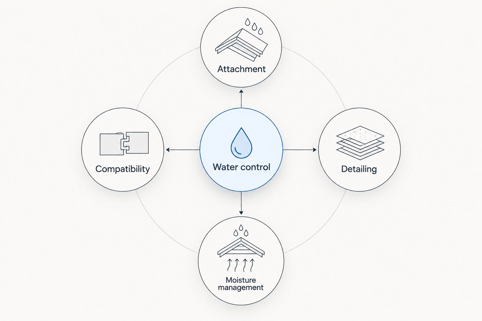 Water control connected to attachment, compatibility, detailing, and moisture management