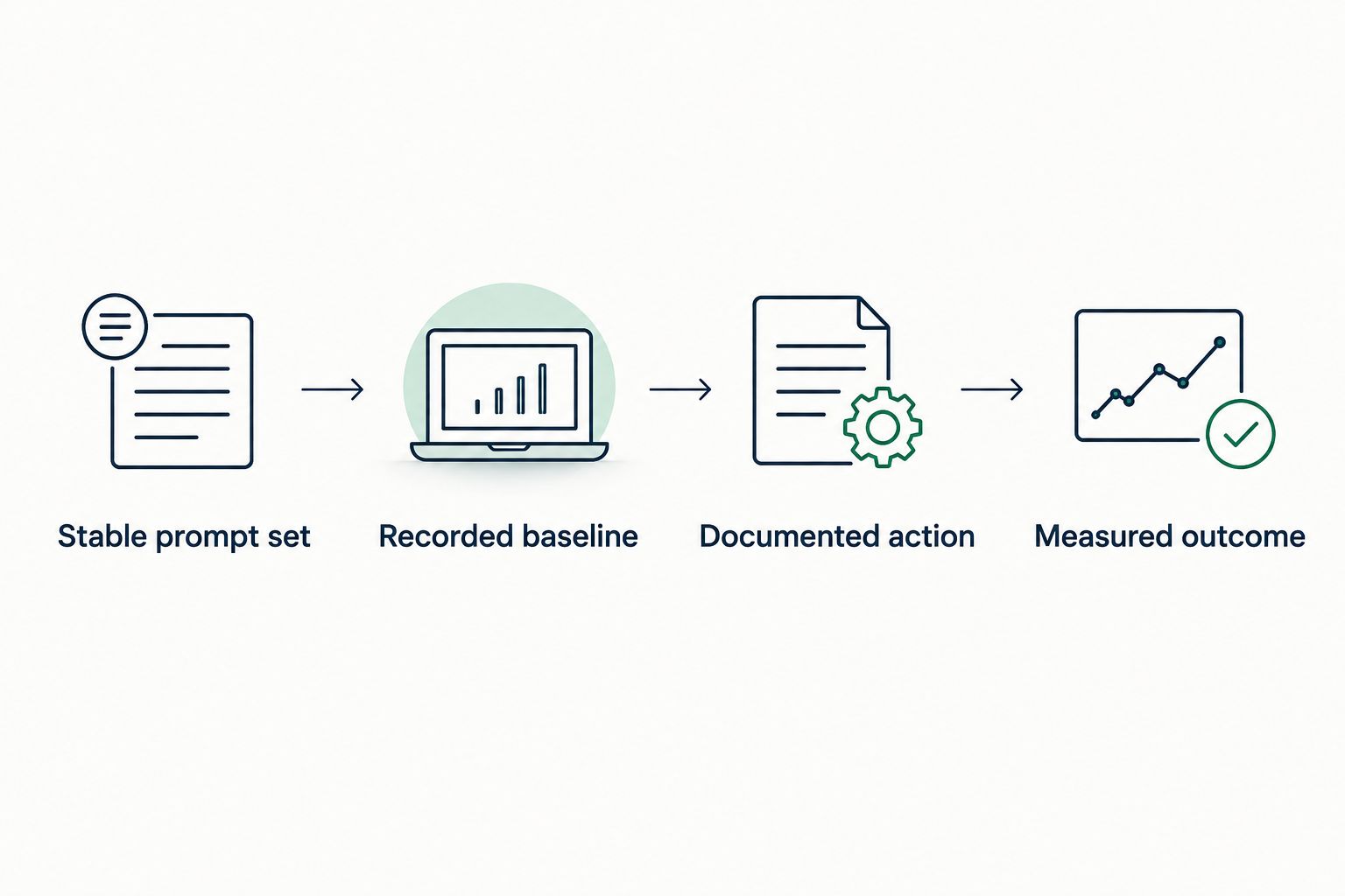 A sequence connecting a stable prompt set and baseline to an action and measured outcome