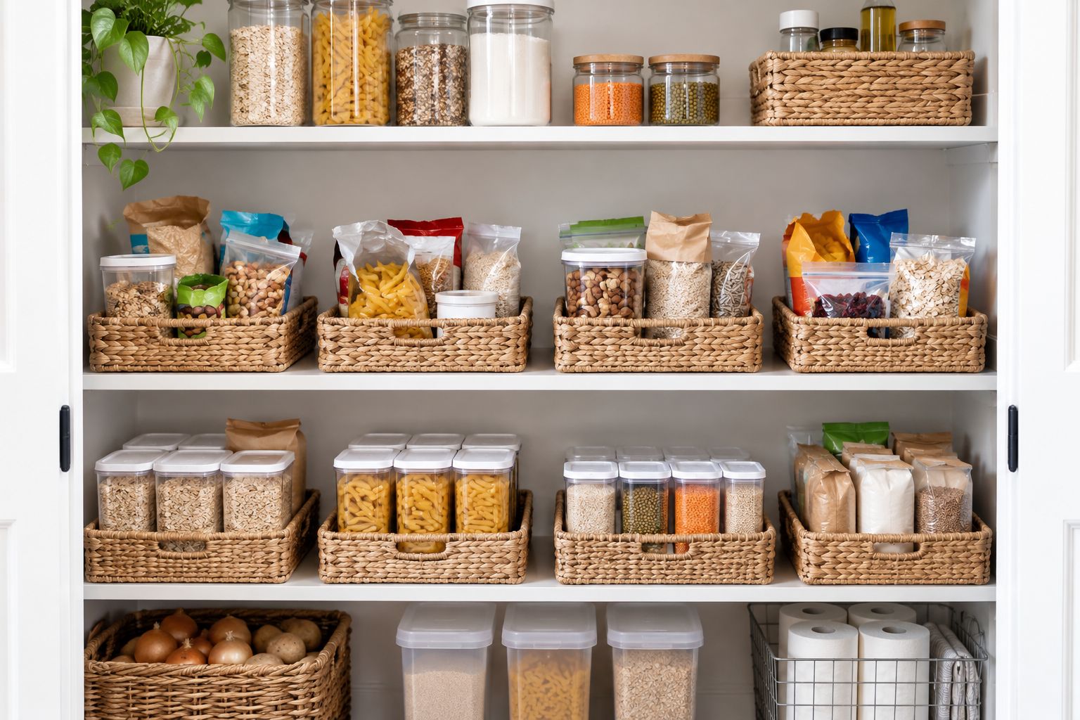 Pantry shelves separating food in use from sealed backup packages
